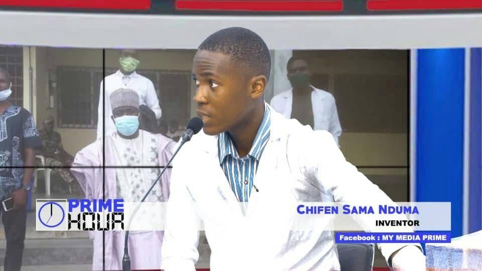 Chifen on the Prime Hour TV set talking about the air sanitiser prototype.
