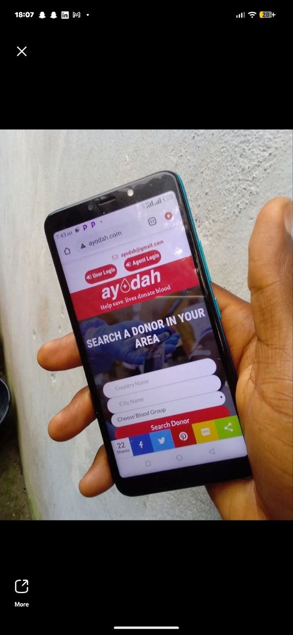 Screenshot of the Ayodah blood donor search interface on mobile browser.