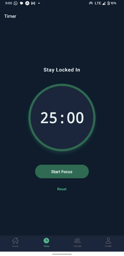 LockedIn timer interface screenshot showing active focus session and time elapsed.